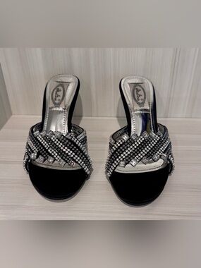 Italina Black Crystal-Embellished Slide Heels